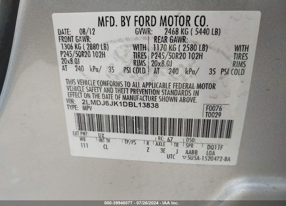 2013 LINCOLN MKX VIN: 2LMDJ6JK1DBL13838