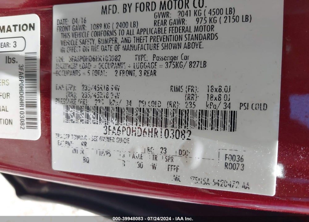 2017 FORD FUSION SE VIN: 3FA6P0HD6HR103082