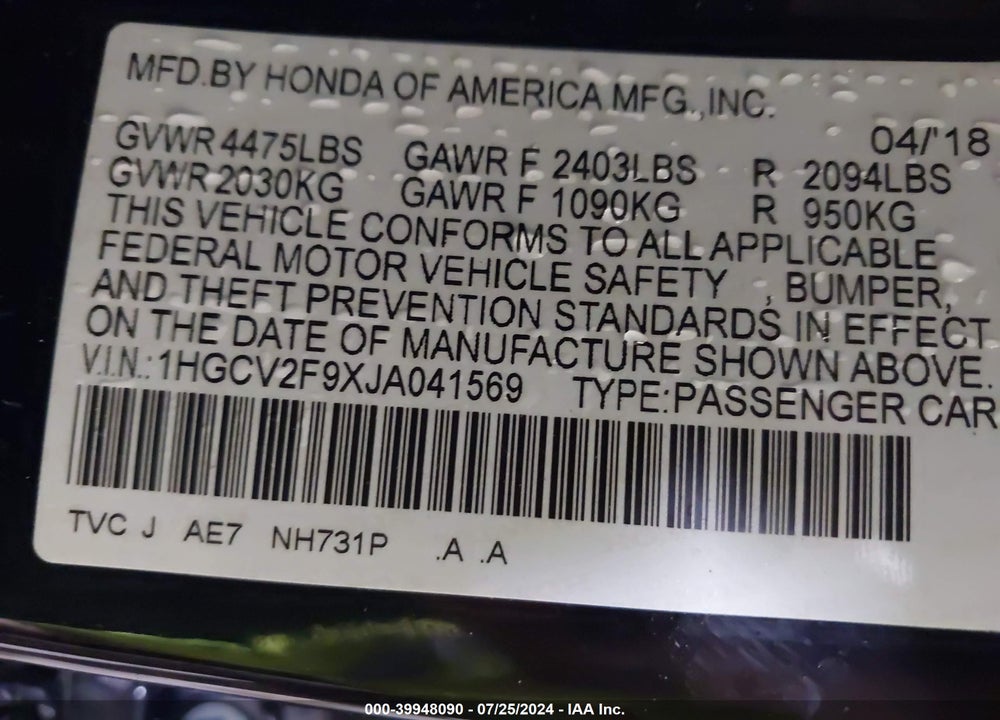 2018 HONDA ACCORD TOURING 2.0T VIN: 1HGCV2F9XJA041569
