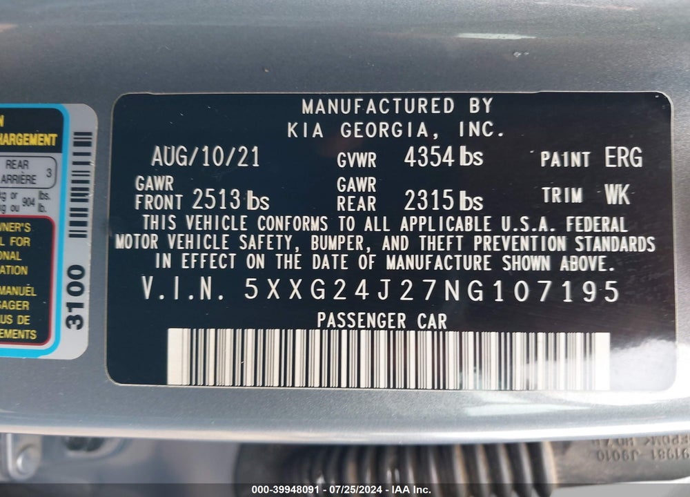 2022 KIA K5 LX VIN: 5XXG24J27NG107195