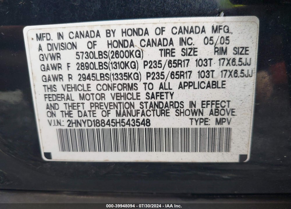 2005 ACURA MDX VIN: 2HNYD18845H543548
