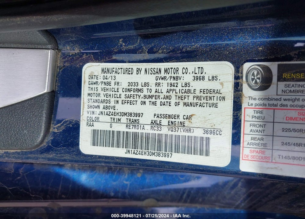2013 NISSAN 370Z VIN: JN1AZ4EH3DM383997