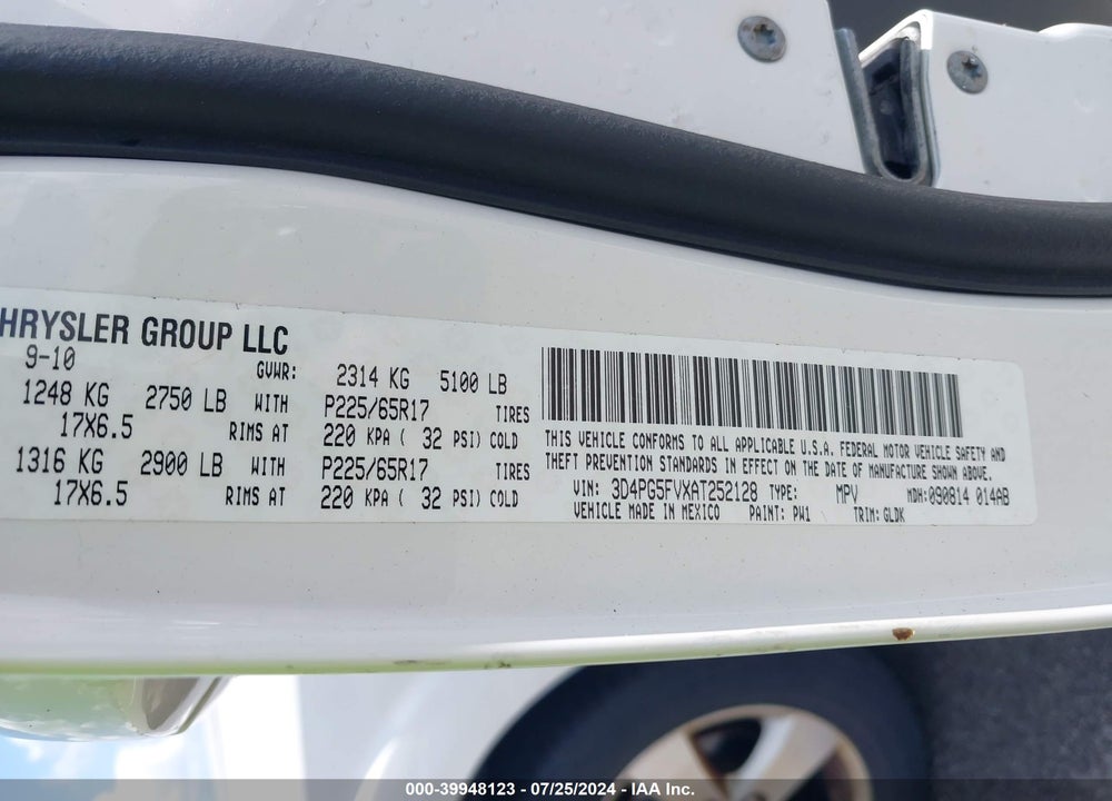 2010 DODGE JOURNEY SXT VIN: 3D4PG5FVXAT252128