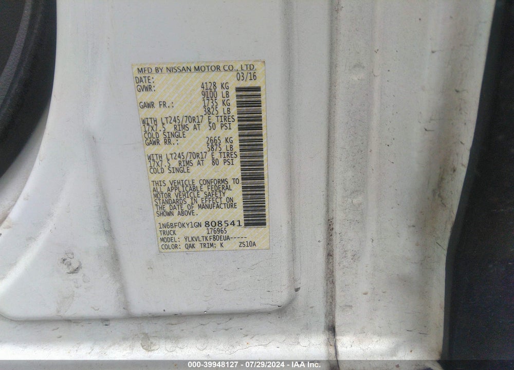 2016 NISSAN NV CARGO NV2500 HD SV V6 VIN: 1N6BF0KY1GN808541