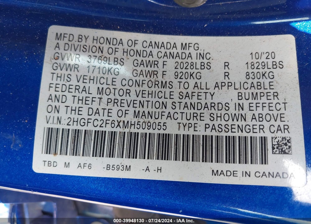 2021 HONDA CIVIC LX VIN: 2HGFC2F6XMH509055