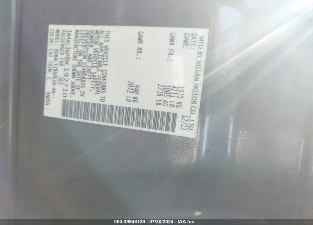 2013 NISSAN ALTIMA 2.5 SV VIN: 1N4AL3AP8DC192710