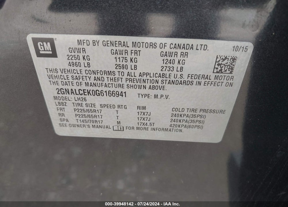 2016 CHEVROLET EQUINOX VIN: 2GNALCEK0G6166941