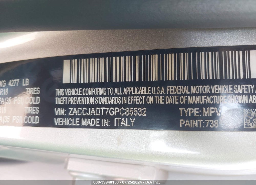2016 JEEP RENEGADE LIMITED VIN: ZACCJADT7GPC85532