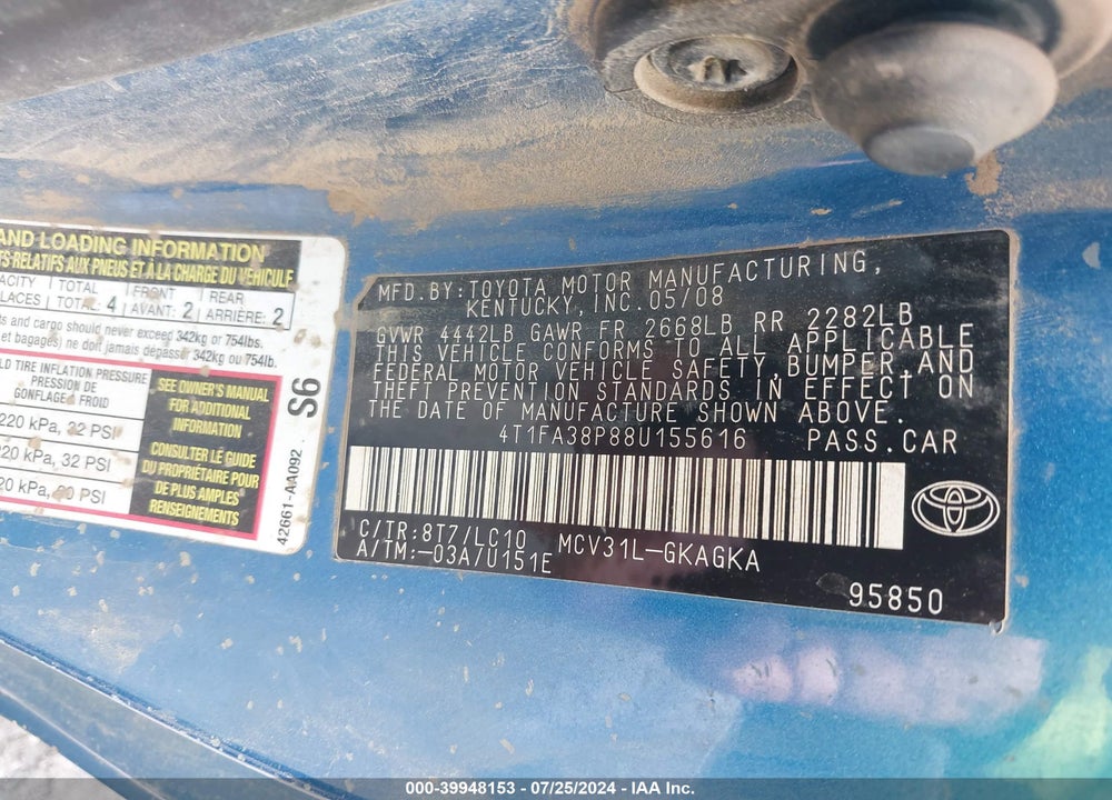 2008 TOYOTA CAMRY SOLARA SE/SLE/SPORT VIN: 4T1FA38P88U155616