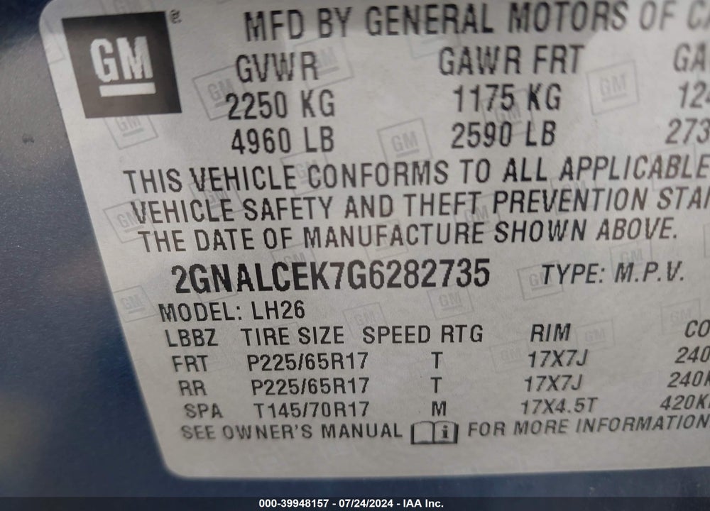 2016 CHEVROLET EQUINOX LT VIN: 2GNALCEK7G6282735