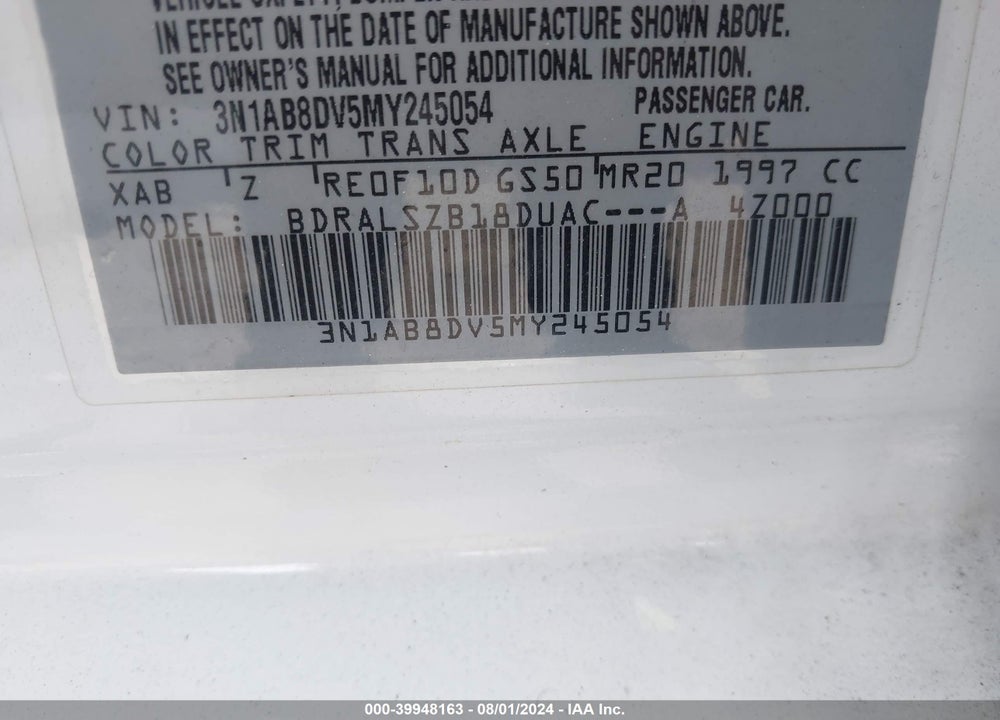 2021 NISSAN SENTRA SR XTRONIC CVT VIN: 3N1AB8DV5MY245054