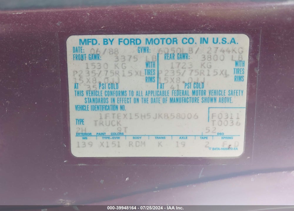 1988 FORD F150 VIN: 1FTEX15H5JKB58006