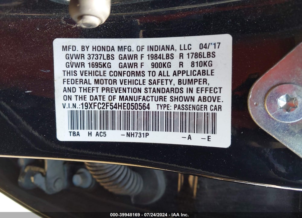 2017 HONDA CIVIC LX VIN: 19XFC2F54HE050564