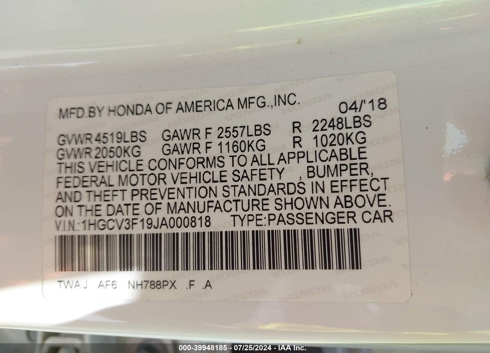 2018 HONDA ACCORD HYBRID VIN: 1HGCV3F19JA000818