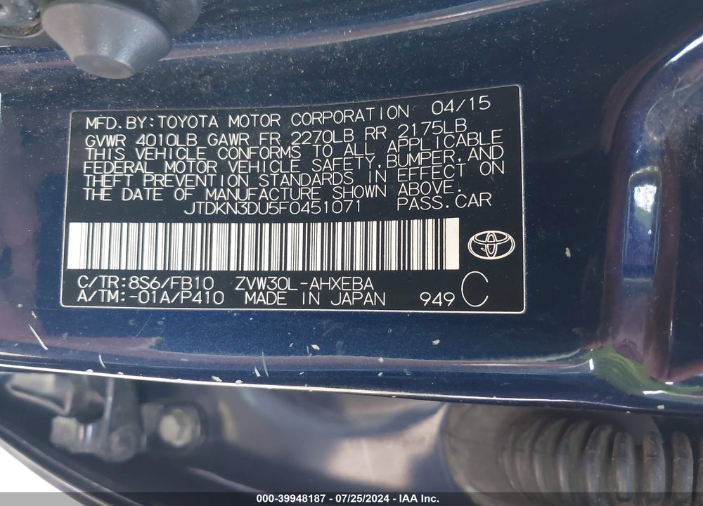 2015 TOYOTA PRIUS FIVE/FOUR/PERSONA SERIES SPECIAL EDITION/THREE/TWO VIN: JTDKN3DU5F0451071
