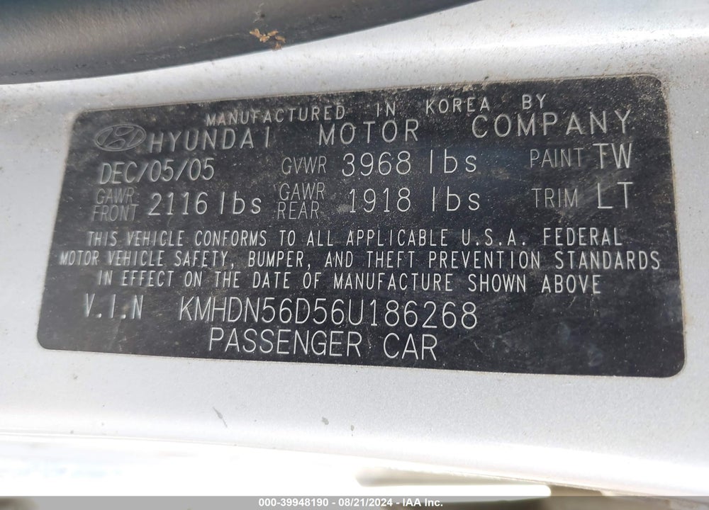2006 HYUNDAI ELANTRA GLS/GT VIN: KMHDN56D56U186268