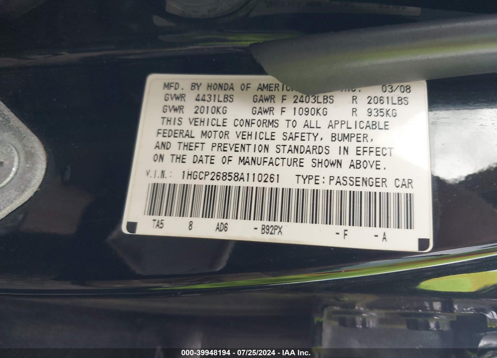 2008 HONDA ACCORD 2.4 EX-L VIN: 1HGCP26858A110261