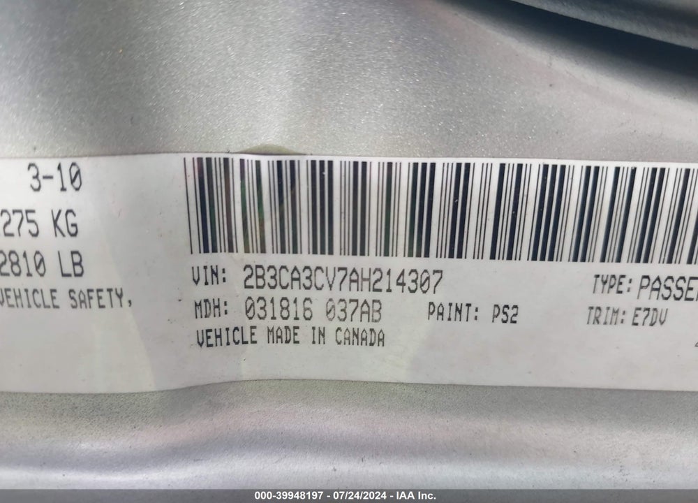 2010 DODGE CHARGER SXT VIN: 2B3CA3CV7AH214307