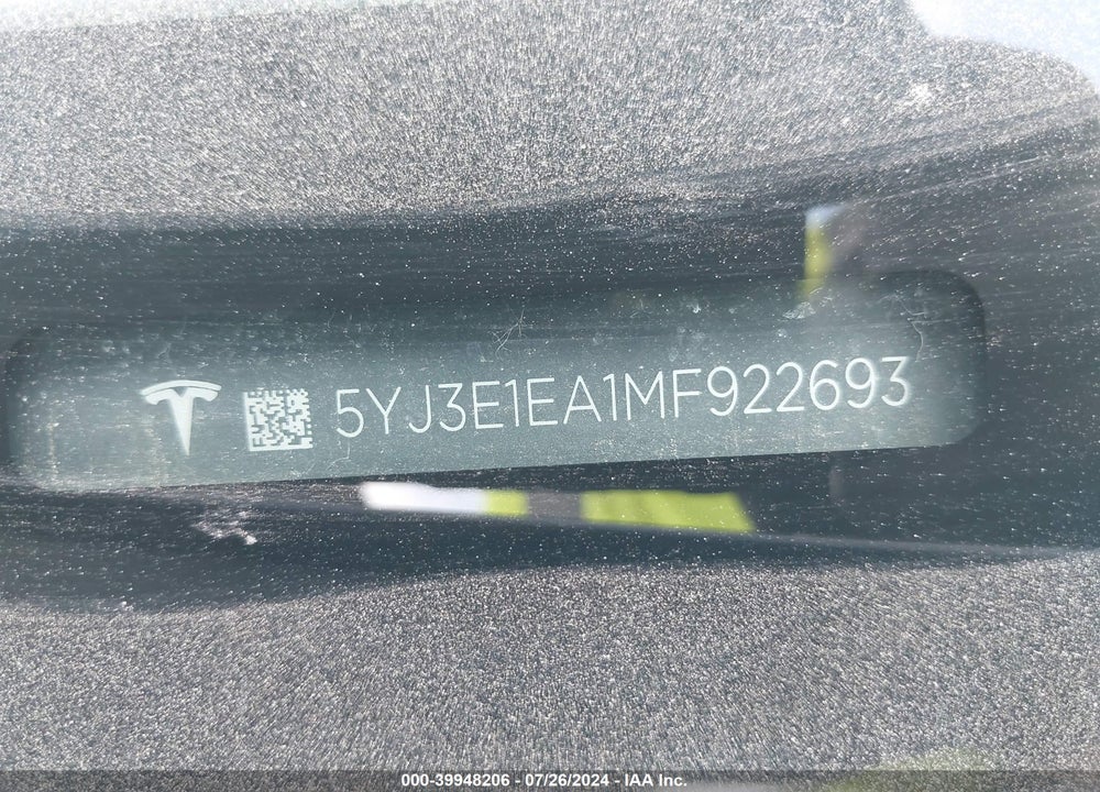2021 TESLA MODEL 3 STANDARD RANGE PLUS REAR-WHEEL DRIVE VIN: 5YJ3E1EA1MF922693