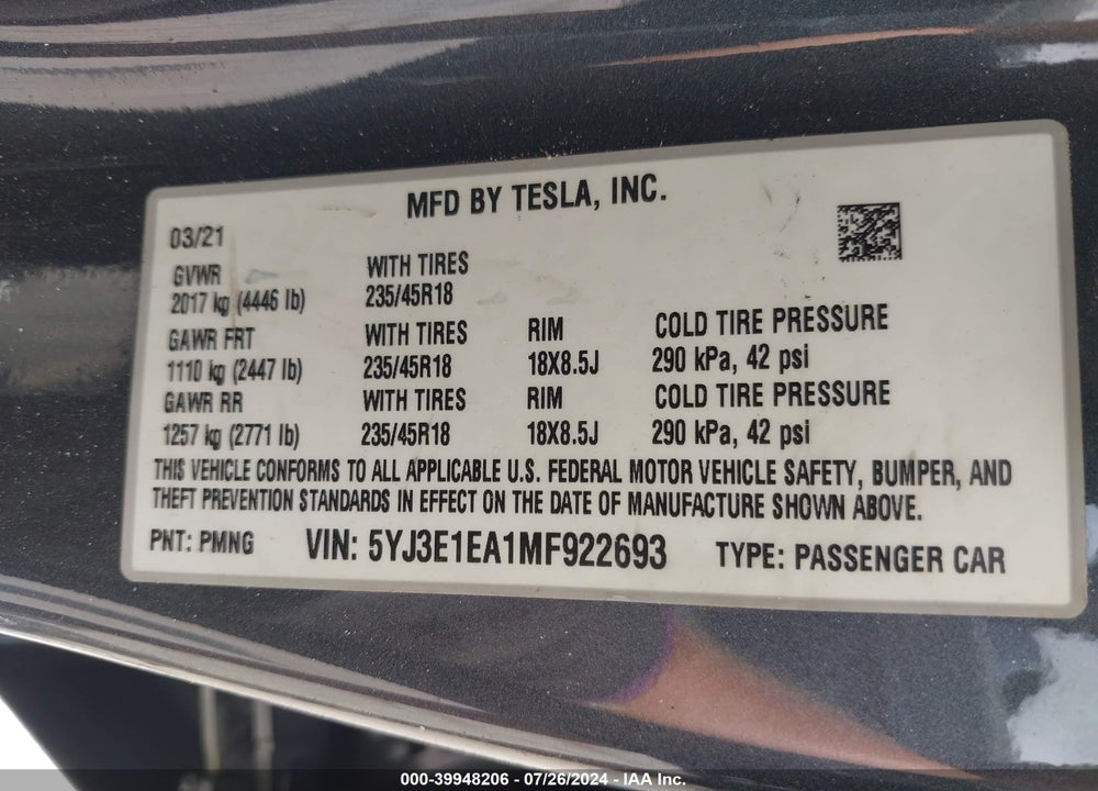 2021 TESLA MODEL 3 STANDARD RANGE PLUS REAR-WHEEL DRIVE VIN: 5YJ3E1EA1MF922693
