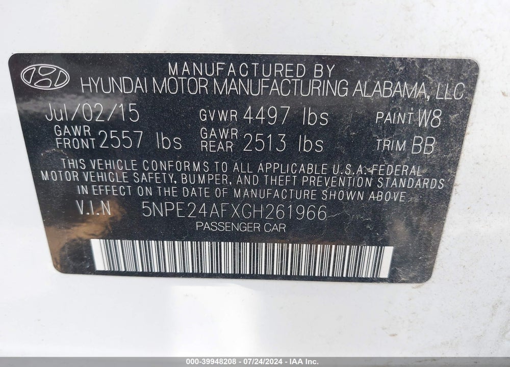2016 HYUNDAI SONATA SE VIN: 5NPE24AFXGH261966