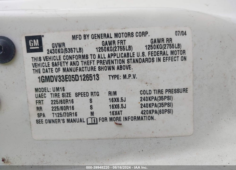 2005 PONTIAC MONTANA M16 W/1SE PKG. VIN: 1GMDV33E05D126513