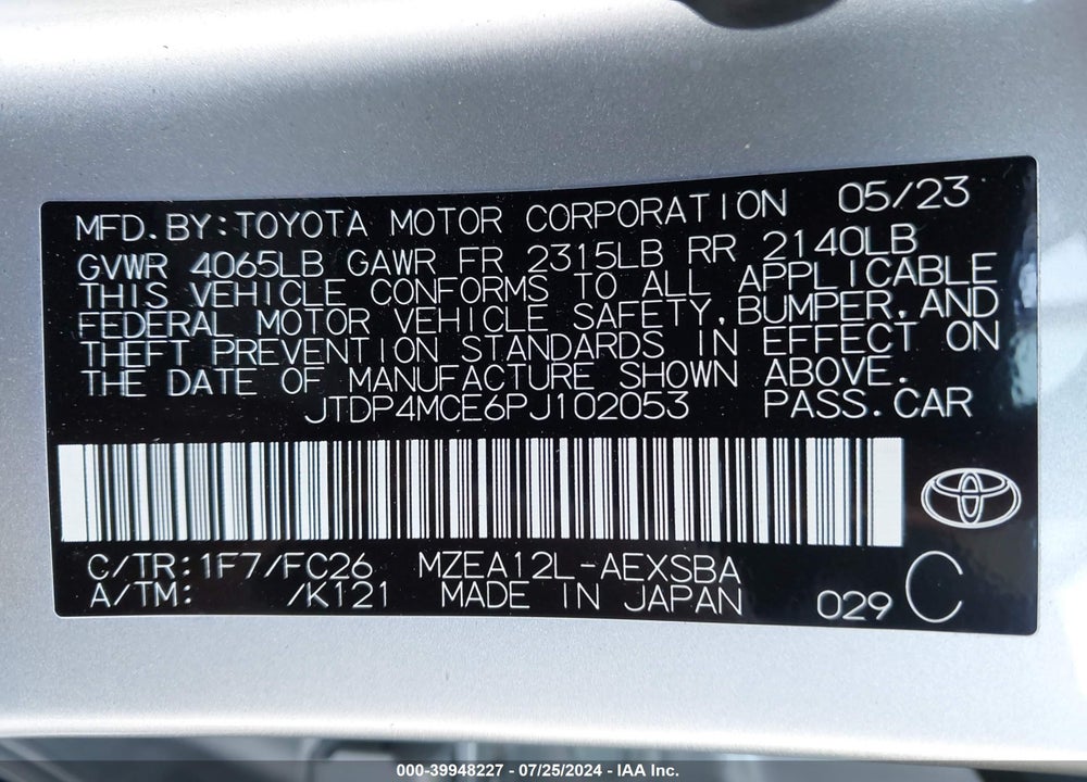 2023 TOYOTA COROLLA SE VIN: JTDP4MCE6PJ102053
