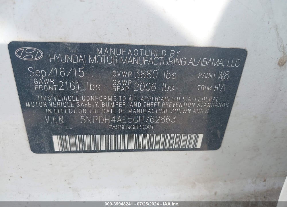 2016 HYUNDAI ELANTRA SE VIN: 5NPDH4AE5GH762863