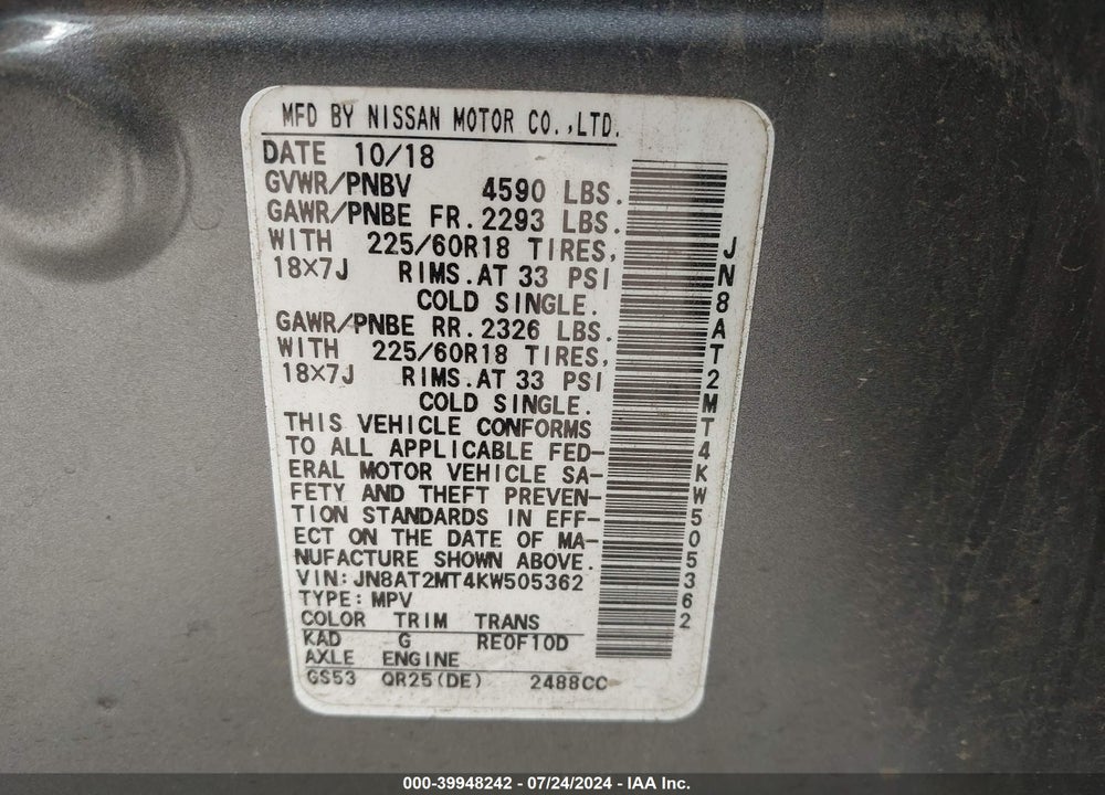 2019 NISSAN ROGUE SV VIN: JN8AT2MT4KW505362