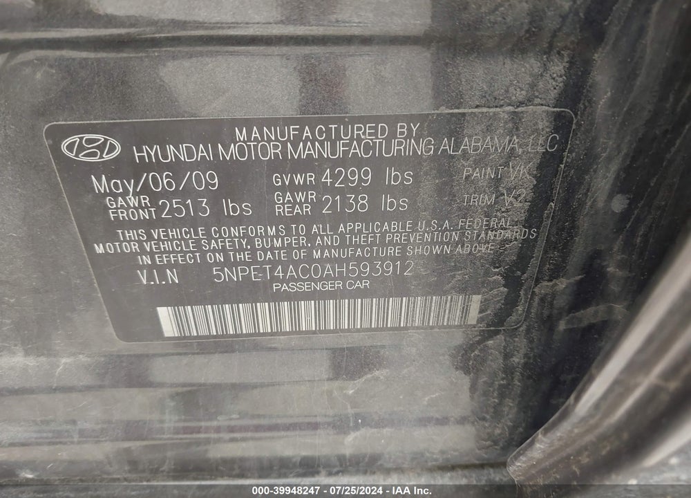 2010 HYUNDAI SONATA GLS VIN: 5NPET4AC0AH593912