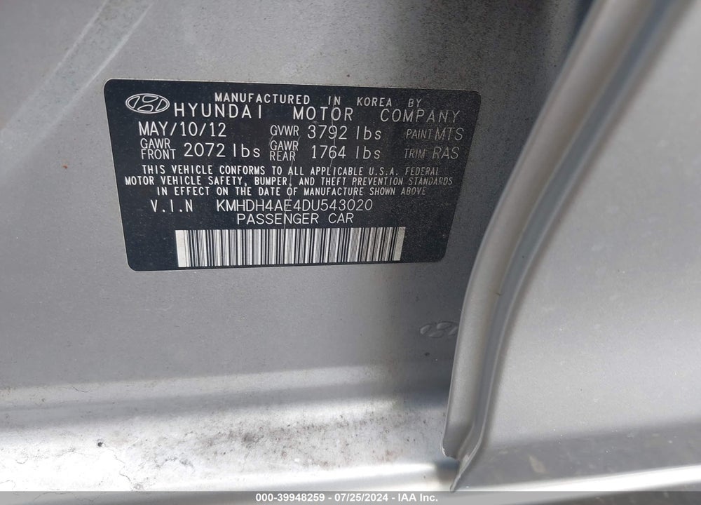 2013 HYUNDAI ELANTRA GLS VIN: KMHDH4AE4DU543020