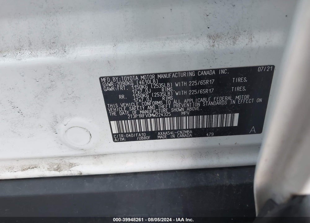 2021 TOYOTA RAV4 XLE/XLE PREMIUM VIN: 2T3P1RFV0MW224325