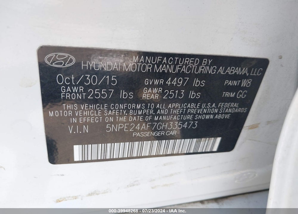 2016 HYUNDAI SONATA SE VIN: 5NPE24AF7GH335473