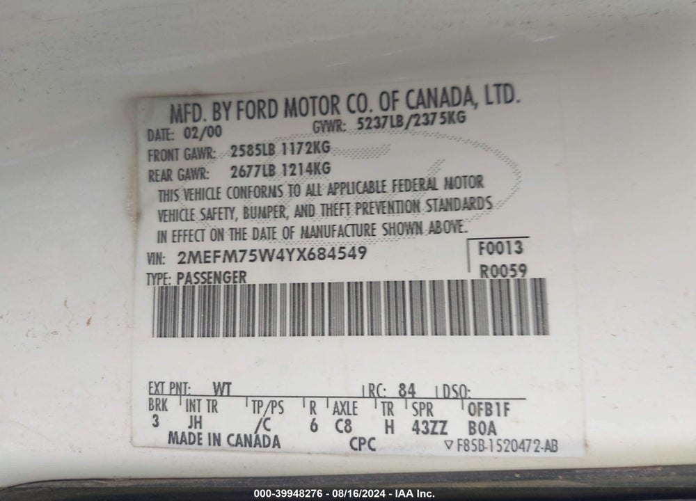 2000 MERCURY GRAND MARQUIS LS VIN: 2MEFM75W4YX684549