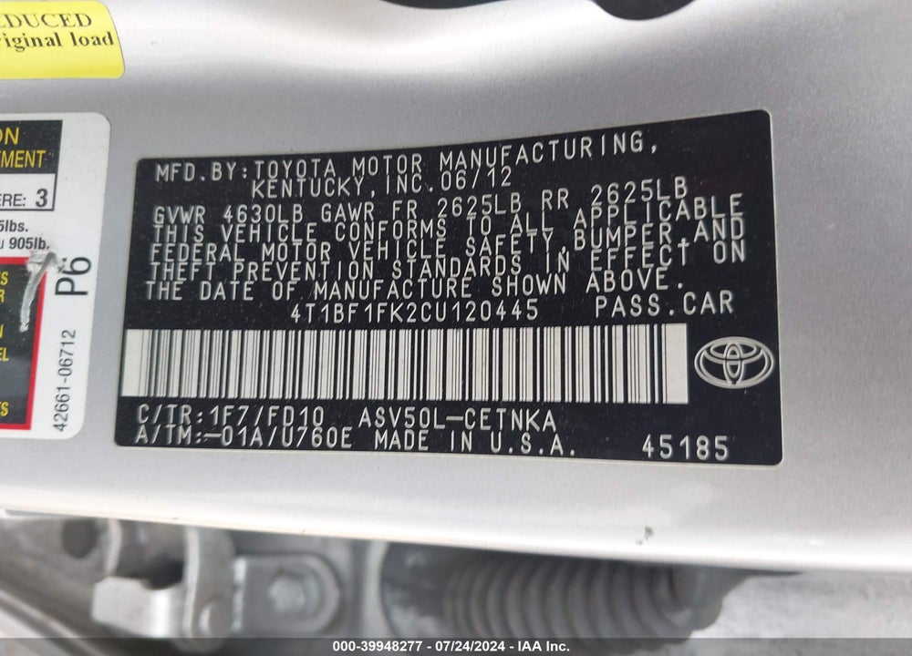 2012 TOYOTA CAMRY LE VIN: 4T1BF1FK2CU120445
