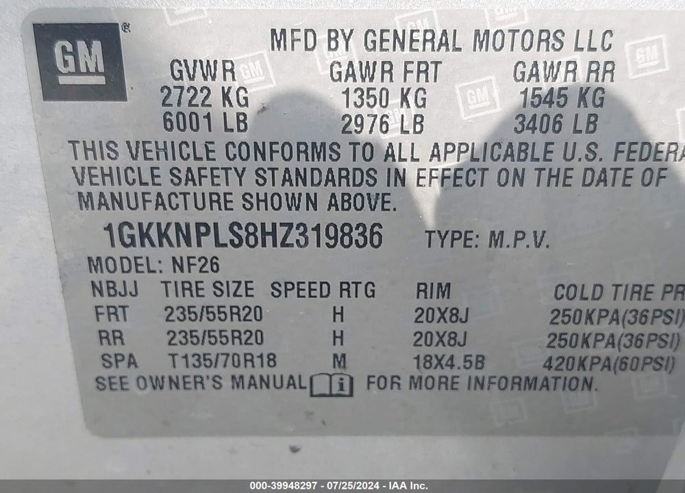 2017 GMC ACADIA DENALI VIN: 1GKKNPLS8HZ319836