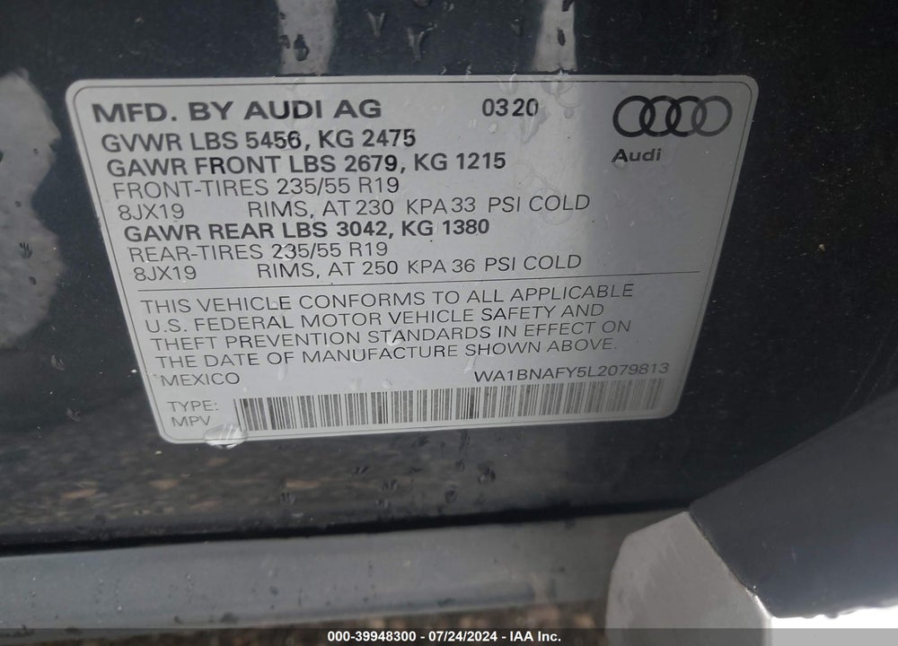 2020 AUDI Q5 PREMIUM PLUS 45 TFSI QUATTRO S TRONIC VIN: WA1BNAFY5L2079813