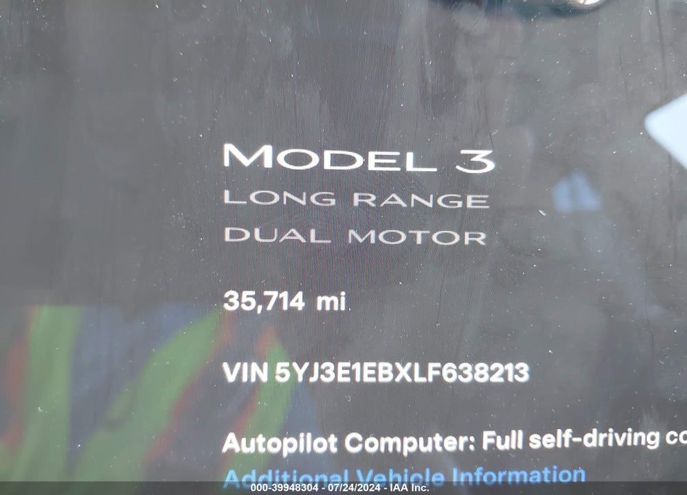 2020 TESLA MODEL 3 LONG RANGE DUAL MOTOR ALL-WHEEL DRIVE VIN: 5YJ3E1EBXLF638213
