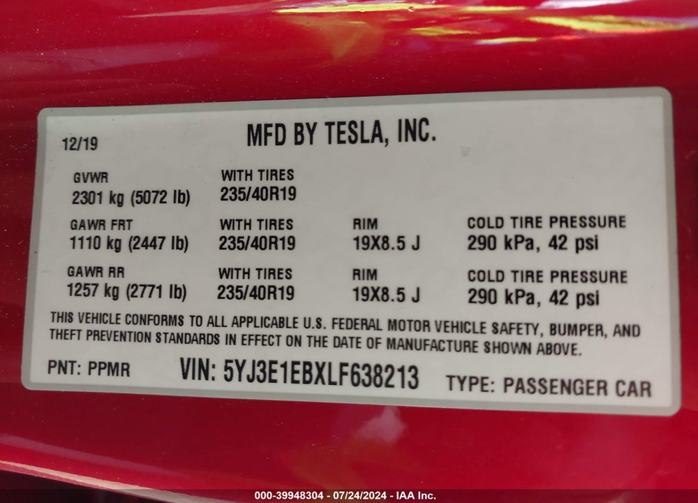2020 TESLA MODEL 3 LONG RANGE DUAL MOTOR ALL-WHEEL DRIVE VIN: 5YJ3E1EBXLF638213
