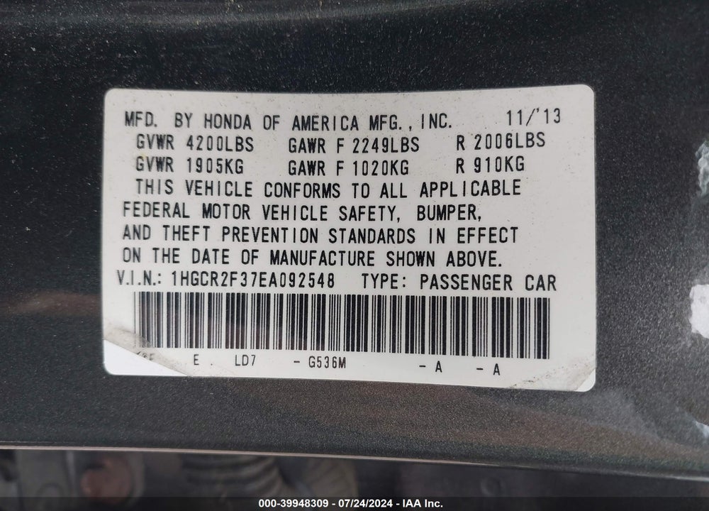 2014 HONDA ACCORD LX VIN: 1HGCR2F37EA092548