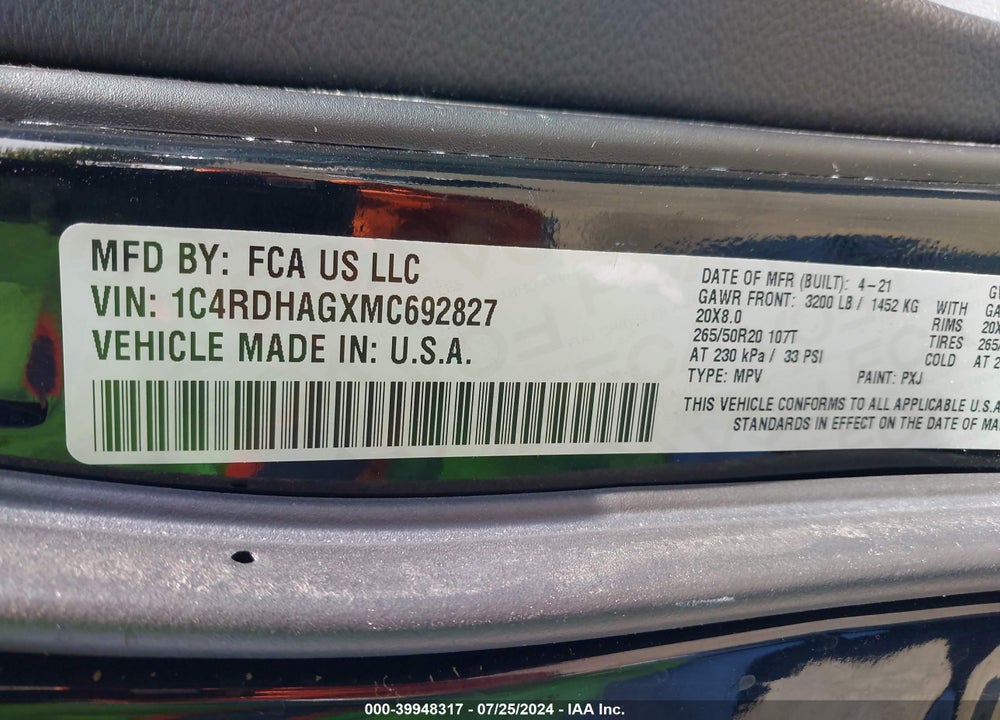 2021 DODGE DURANGO SXT PLUS RWD VIN: 1C4RDHAGXMC692827