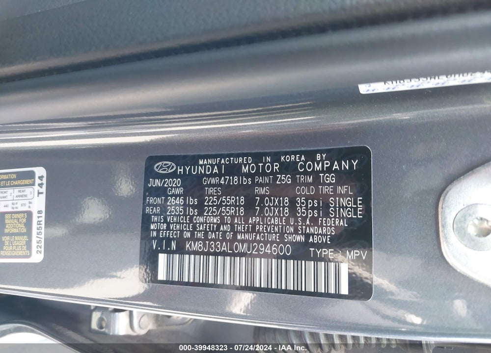 2021 HYUNDAI TUCSON SEL VIN: KM8J33AL0MU294600
