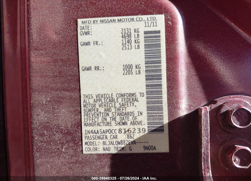 2012 NISSAN MAXIMA 3.5 S VIN: 1N4AA5AP0CC816239