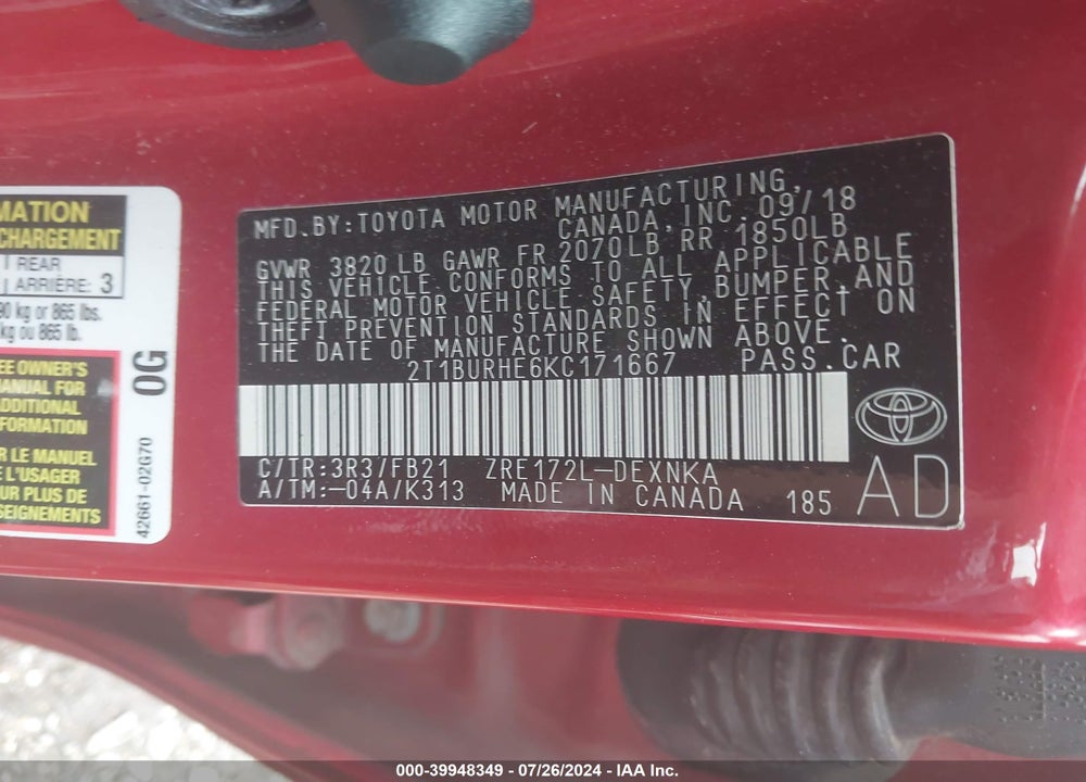 2019 TOYOTA COROLLA LE VIN: 2T1BURHE6KC171667