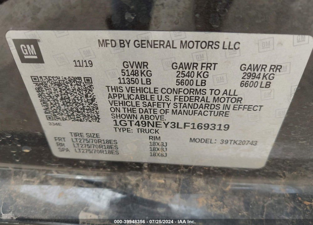 2020 GMC SIERRA 2500HD 4WD  STANDARD BED SLT VIN: 1GT49NEY3LF169319