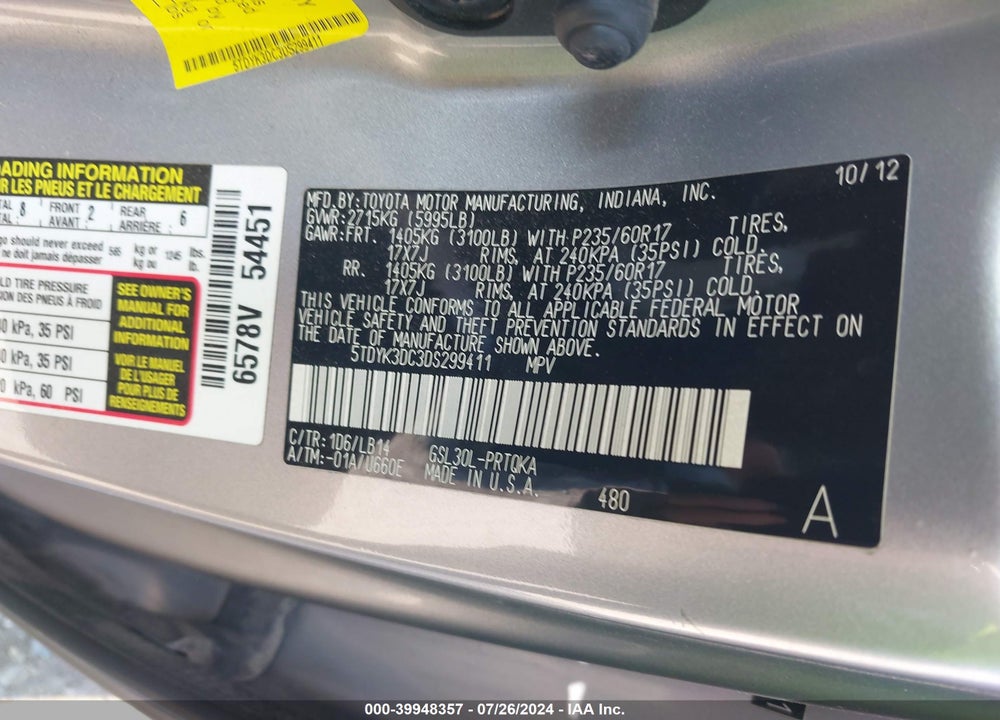 2013 TOYOTA SIENNA XLE LIMITED VIN: 5TDYK3DC3DS299411