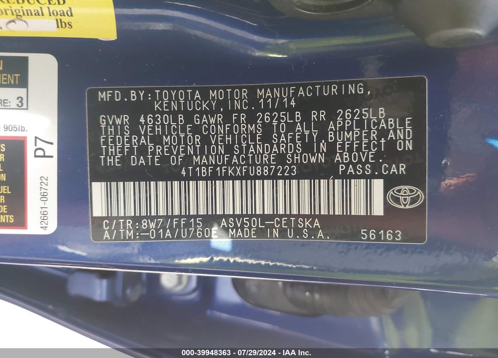 2015 TOYOTA CAMRY LE/SE/XLE/XSE VIN: 4T1BF1FKXFU887223