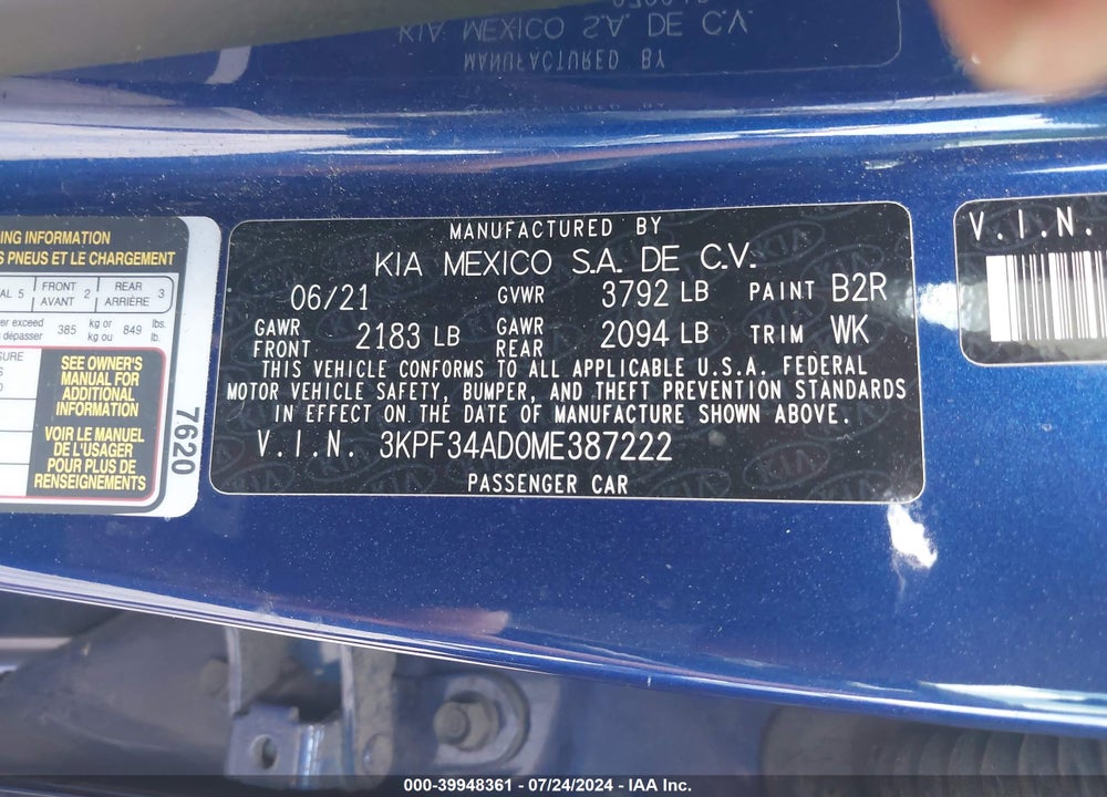2021 KIA FORTE GT LINE VIN: 3KPF34AD0ME387222