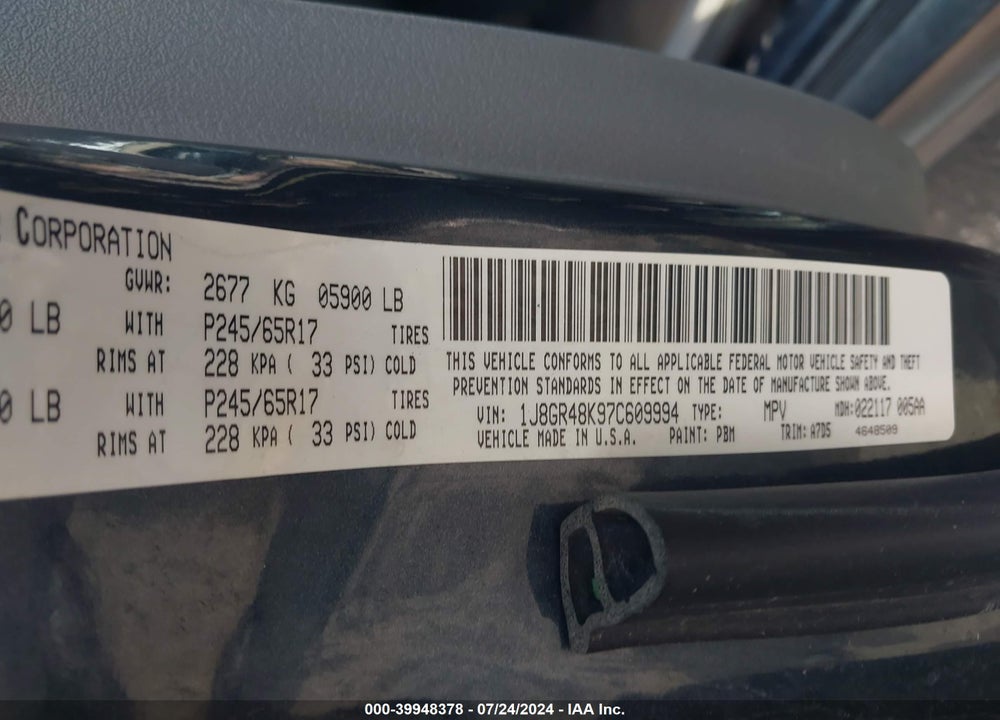 2007 JEEP GRAND CHEROKEE LAREDO VIN: 1J8GR48K97C609994