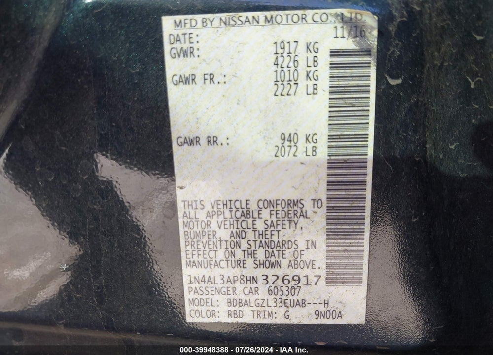 2017 NISSAN ALTIMA 2.5 S VIN: 1N4AL3AP8HN326917
